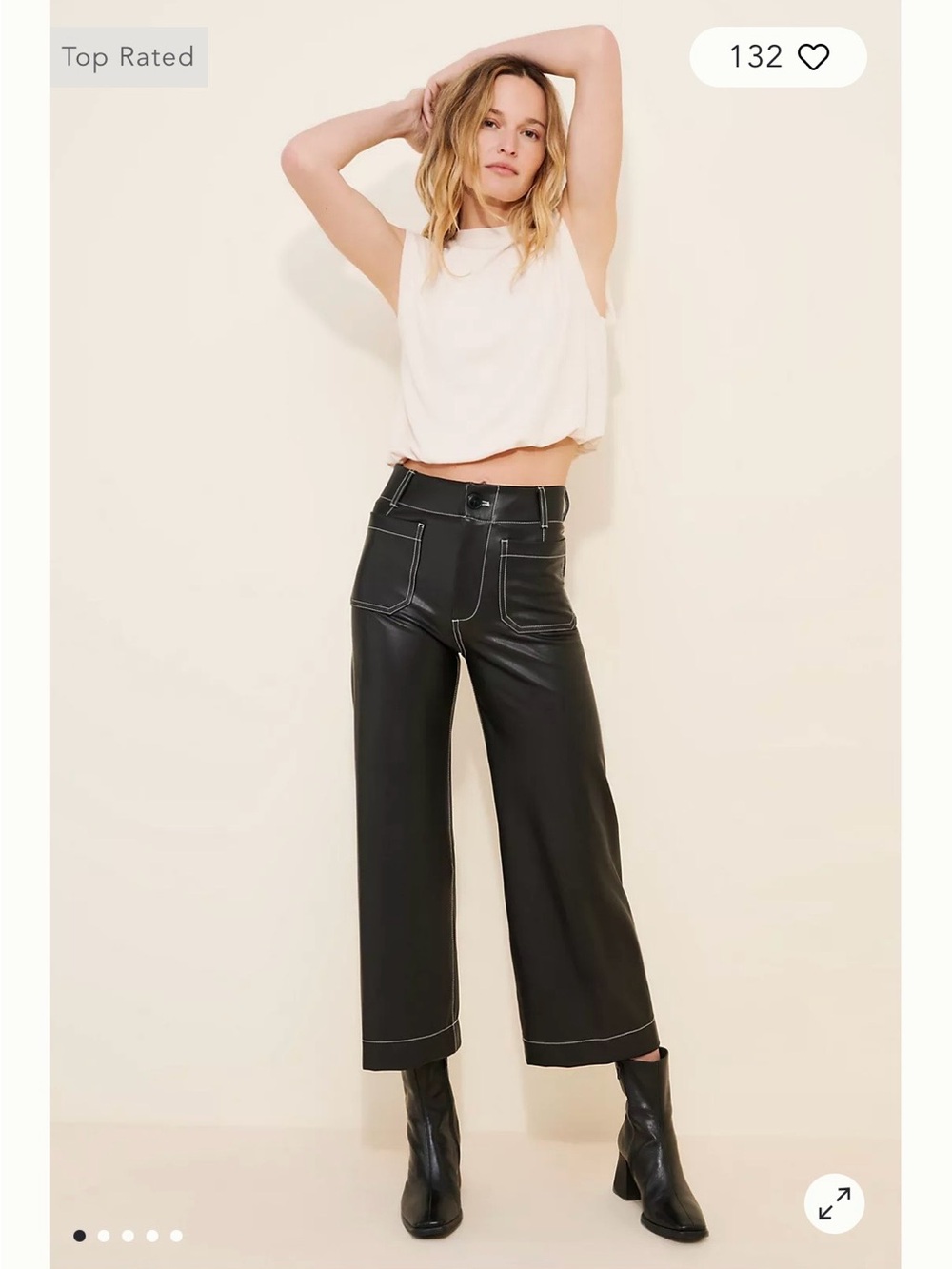 Maeve Black Cropped Faux-Leather Wide-Leg Pants with Contrast Stitching